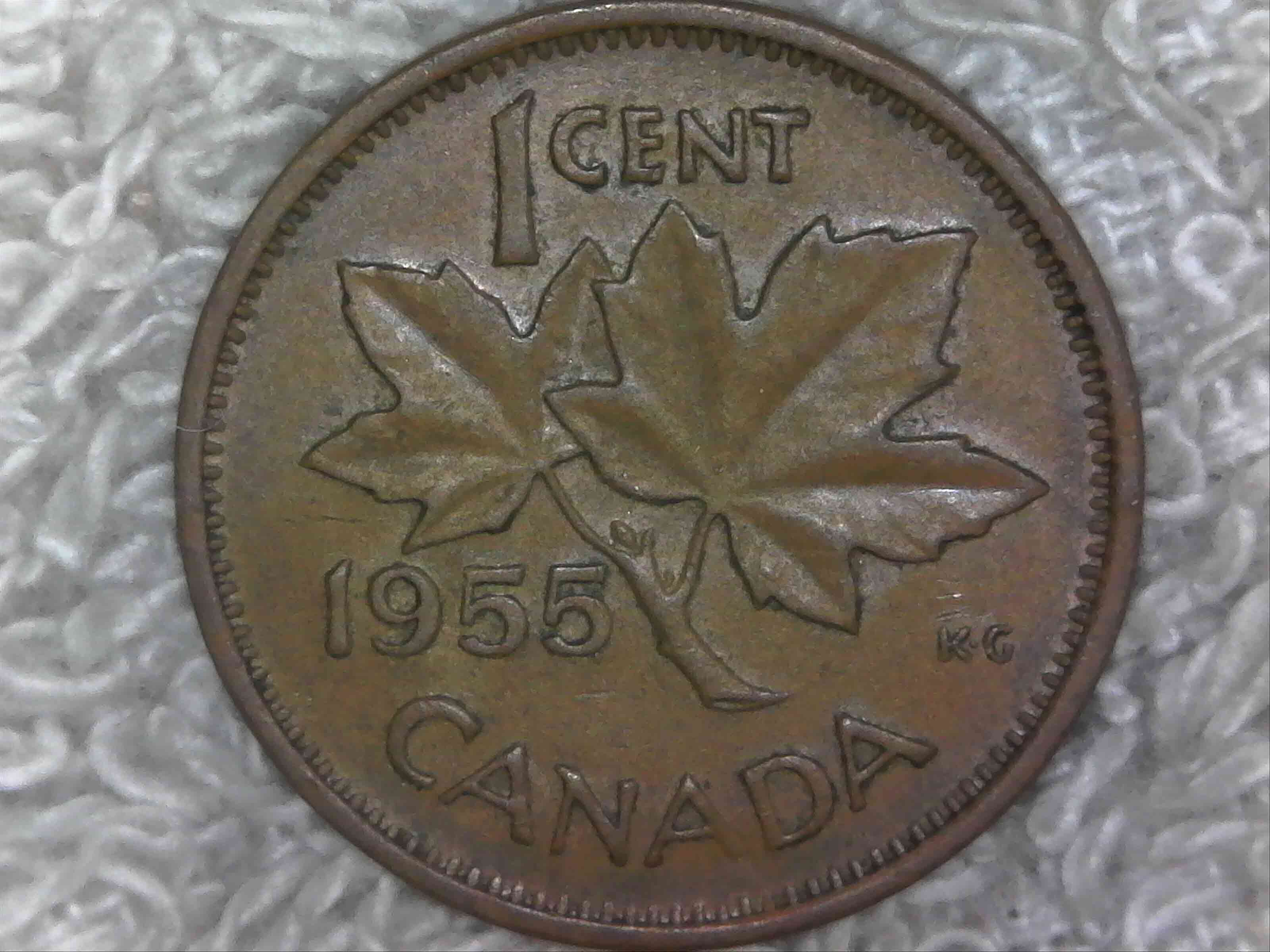 1955-Canadian-Cent,-Strapless-Or-Just-Worn?